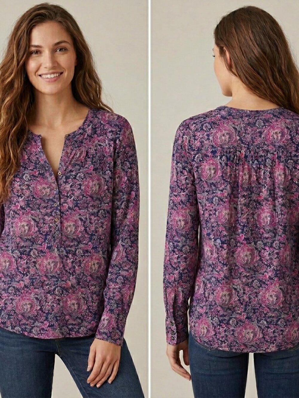 Lucky Brand Women's Small Pink Navy Paisley Boho Henley Pullover Blouse Viscose